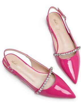 Women's Hot Pink Slingback Flats with Rhinestone Pointed Toe Flats Dressy Shoes